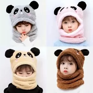 Panda Kulaklı Sevimli Çocuk Kapşonlu Peluş Bere Welsoft Polar Rüzgar Geçirmez Boyunluklu Bere Şapka