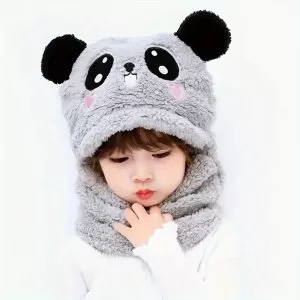 Panda Kulaklı Sevimli Çocuk Kapşonlu Peluş Bere Welsoft Polar Rüzgar Geçirmez Boyunluklu Bere Şapka